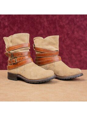 Sendra Women Sand Suede Slip-on Boho Cottage Moto Lug Ankle Boots sz 6
